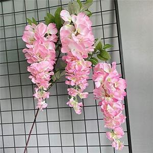 1pc Long Wisteria Artificial Flowers Wall Hanging with Green Leaves for Wedding Room Decor Garland Decoration (Pink)