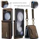 for Samsung Galaxy Z Flip 6 Case with Crossbody Wallet, 8 Cards Slot and Premium Leather Kickstand Vintage Card Holder (Coffee)