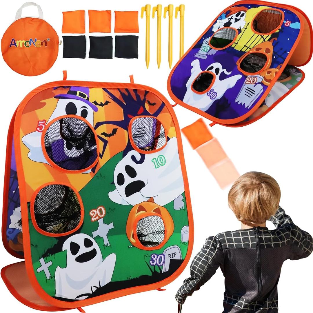Halloween Party Games for Kids Adults Halloween Bean Bag Toss Game Ghost Double-Sided Board Cornhole 4 Score Holes Halloween Decorations Party Favors Yard Outdoor Indoor Toys Spooky Game (6 Bean Bags)