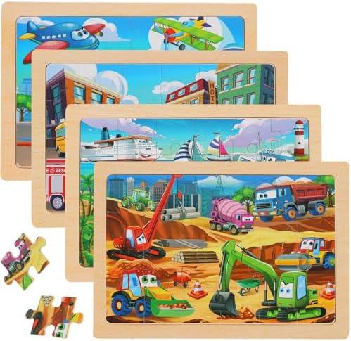 Puzzles for Kids Ages 4-6 – 24-Piece Toddler Puzzles Set (4 Packs) – Construction & Vehicle Learning Activity Toys for Boys & Girls, Perfect Preschool Wooden Puzzles for Toddlers 3-5