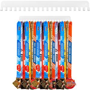 Geetery 4 Pack Metal Sports Marathon Medal Hanger Display with 20 Pcs Hanging Hooks Over 160 Medals Easy to Install Shelf Rack Wall Mount Award Plaques for Gymnastics Running Marathon Soccer (White)