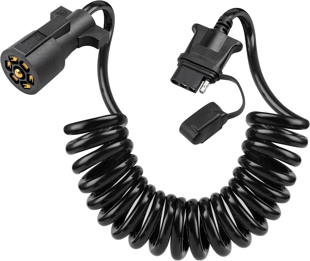 Oyviny 7 Way RV Blade to 4 Way Flat Trailer Plug Adapter 7.5ft, Stretchable Coiled Design 7 Pin to 4 Pin Trailer Extension Wiring with PU Jacket Protected Pure Copper, Plug & Play Installation