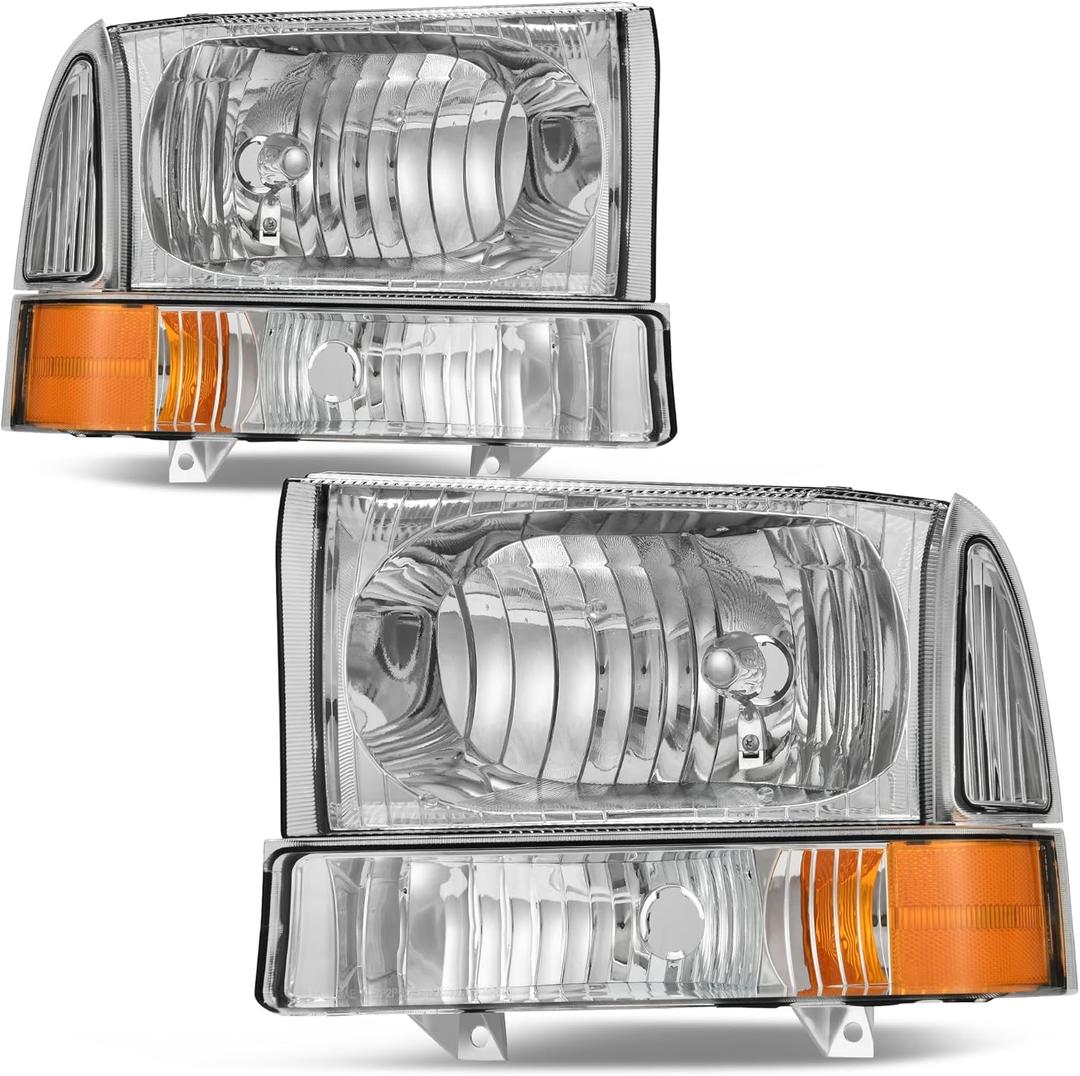 AUTOSAVER88 Headlight Assembly Compatible with 1999-2004 Ford F250 F350 F450 F550 Super Duty/2000-2004 Ford Excursion Chrome Housing Clear Lens w/Signal Lamps (Chrome+Clear Lens)