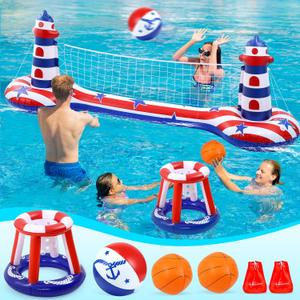 EagleStone Inflatable Pool Float Set with Volleyball Net & Basketball Hoop,2-in-1 Floating Water Games for Kids Adults, Backyard Beach Summer Toys, Heavy-Duty PVC Family Pool Party Essentials, 110" X 26" X 38"