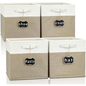 Storage Cubes,13x15x13 storage cube bins Set of 4,Foldable Fabric Storage Cubes with Labels,Linen Cube Storage Organizer Bins Kallax Storage Cubes for Organizing Shelves Cabinet(White Khaki).