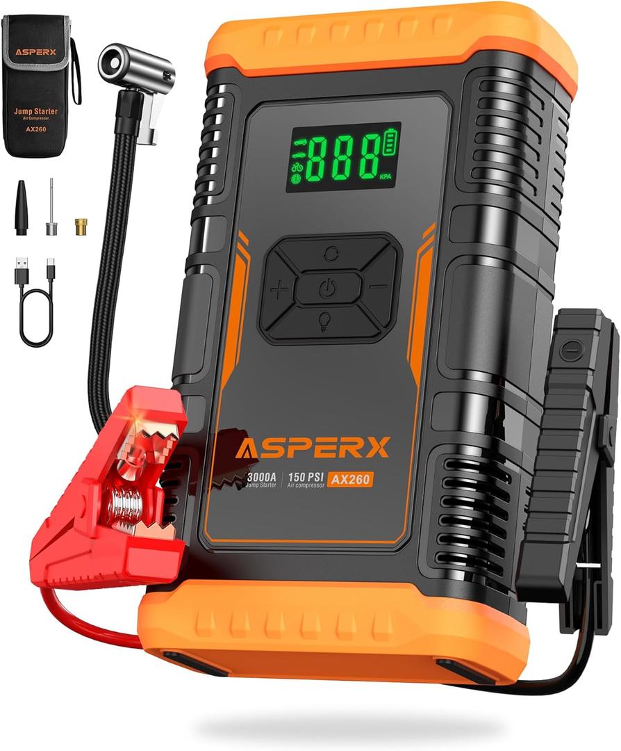ASPERX Jump Starter with Air Compressor,Upgrade & Safety Certs10L Gas/8L Diesel(Almost All Cars) 12V Jumper Box Car Battery Jumper Starter Portable with Tire Inflator, Jumper Cables, Display & Light (Black & Orange)
