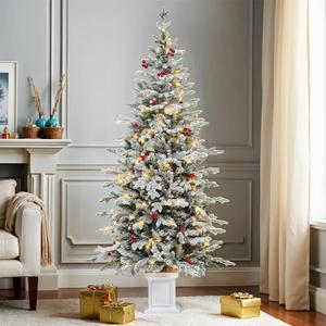 DWVO 6 FT Slim Pre-lit Flocked Arctic Fir Pencil Tree, Potted Christmas Tree with 15 Red Berries, 520 PE & PVC Branch Tips, and 150 Lights for Home and Office Decor