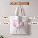 Ocean Beach Tote Bag, Coquette Bow Seashell Coastal Canvas Tote Bags for Women, Beach Gifts for Women, Gifts for Ocean Lovers, Preppy Pink Conch Beachy Reusable Grocery Shopping Bags