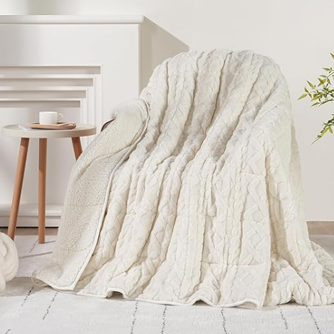 Wemore Weighted Blanket for Adults Twin Size 15 lbs, Dual Sided Soft Fuzzy Jacquard Sherpa Weighted Blankets for Sleeping, Cozy Fluffy Knitted Heavy Blanket for Couch Bed, Cream White, 60 x 80 inches