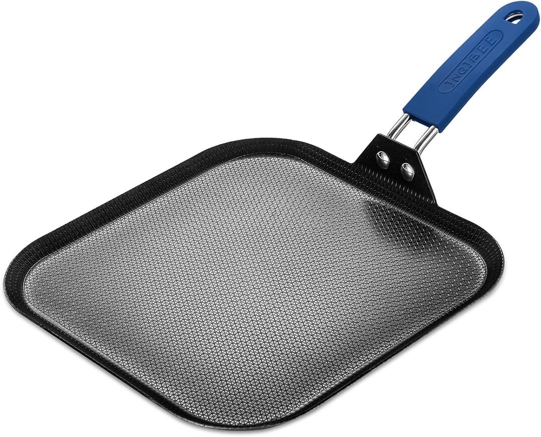 Inqibee 11 Inch Hybrid Nonstick Square Griddle Pan, Flat Square Pancake Grill Pan, Tri-Ply Stainless Steel Skillet Griddle, Oven & Dishwasher Safe, Heat-Resistant Handle Cover (Blue)