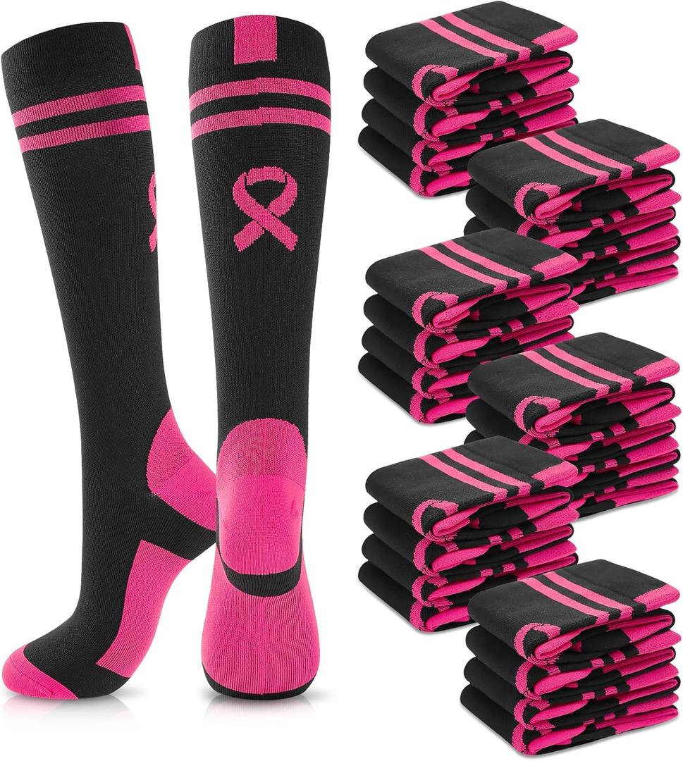 12 Pairs Breast Cancer Awareness Socks for Women Pink Ribbon Crew Socks Non-Slip Comfortable Stretchable Sport Socks (Pink)