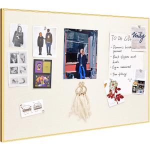 Lightomorrow Bulletin Board 30 x 20 inches, Oatmeal White Pin Board Vision Board, Golden Aluminum Framed Fabric Cork Board with 10 Push Pins