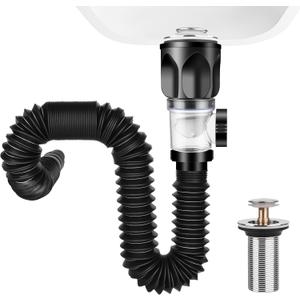 No Need Tools Easy Install Bathroom Sink Drain Kit, 3 in 1 Plumbing, Fits for 1-1/4'' & 1-1/2'' Drain Hole, RV Bathroom Sink Drain Strainer Cover Stopper p trap Flex-drain Drainage Pipe Drain Pipe