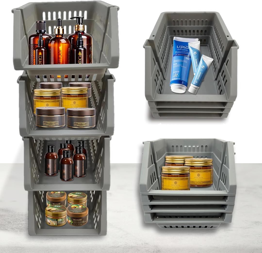 TidyFriend Small Plastic Stackable Storage Bins for Pantry,4 Pack Open Front Storage Bins,Toy Organizers, Kitchen, Bathroom Essentials (Dark Grey)