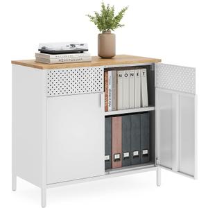 SONGMICS Storage Cabinet, Metal Cabinet, Sideboard with 2 Doors, 15.7 x 31.5 x 29.9 Inches, Magnetic Closure, Adjustable Shelf, Steel Frame, Natural Beige and White ULSC102W57