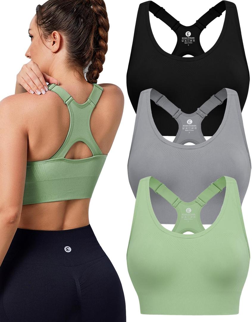 Evercute High Impact Sports Bras for Women 3 Pack, Adjustable Straps Padded Supportive Seamless Racerback Running Bras, Large