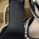 Coutgo Womens Pearl Kitten Heels Closed Pointed Toe Wedding Bride Dress Shoes Ankle Strap Satin Pumps, Black, Size 7