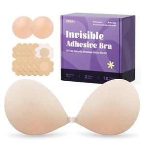 Invisible Strapless Sticky Bra Push up for Women, Ultra Adhesive Bra for Backless Dress, Cleavage Bra Lift Novelty Bras (B Cup, Light Beige)