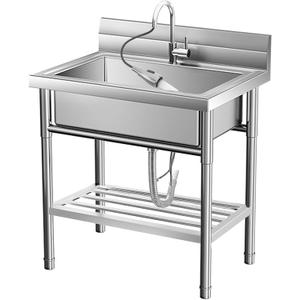 Stainless Steel Commercial Utility Sink,Free Standing Single Bowl Pull-Down Faucet Heavy Duty Sink for Restaurant Bar Laundry - Hot & Cold Water Indoor & Outdoor (Silver)