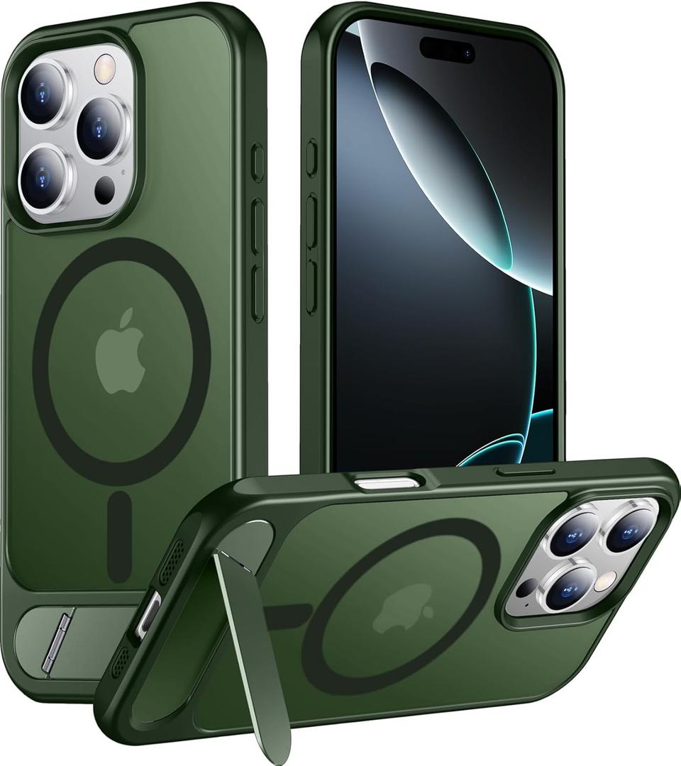 Temdan Magnetic Compatible with iPhone 16 Pro Max Case, [Built-in Invisible Kickstand][Compatible with MagSafe][Military Grade Shockproof] Slim Translucent Matte Phone Case for iPhone 16 Pro Max 6.9" (Green)