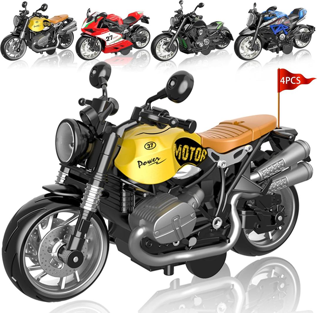 4-Pack Pull-Back Motorcycle Toys - Friction Powered Kids Toy Cars with Lights, Sounds & Automatic Drive for Boys & Girls Aged 3-12