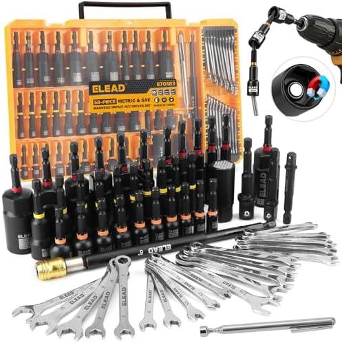 58-Piece Magnetic Impact Nut Driver Set, Metric & SAE Mini Combination Wrench Set, Impact Socket Adapter, 3LBS Magnetic Pickup Tool, Wing Nut Driver, Universal Socket, 1/4'' Quick-change Bit Extension