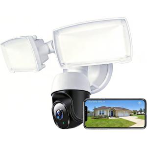 PTZ Security Camera with Floodlight, 360° Auto Tracking 1080P, 2500 Lumens, Color Night Vision, Weatherproof, 90dB Siren, Includes 64GB TF Card & Plug-in Adapter