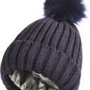 womens Beanie (One Size, Detachable Pom-navy Blue)