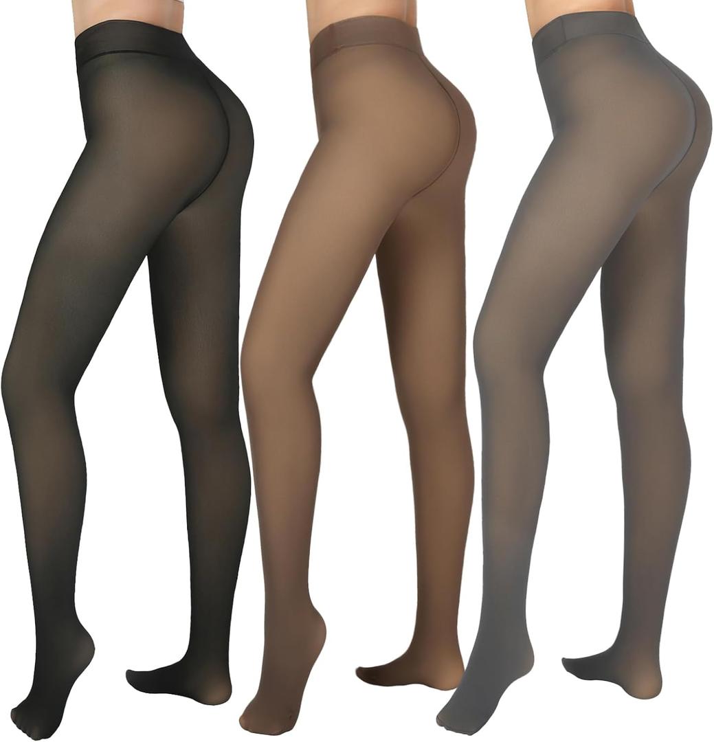 X-CHENG Fleece Lined Tights Sheer Women - Fake Translucent Warm Pantyhose Leggings Sheer Thick Tights for Winter (Medium, Black+brown+grey)