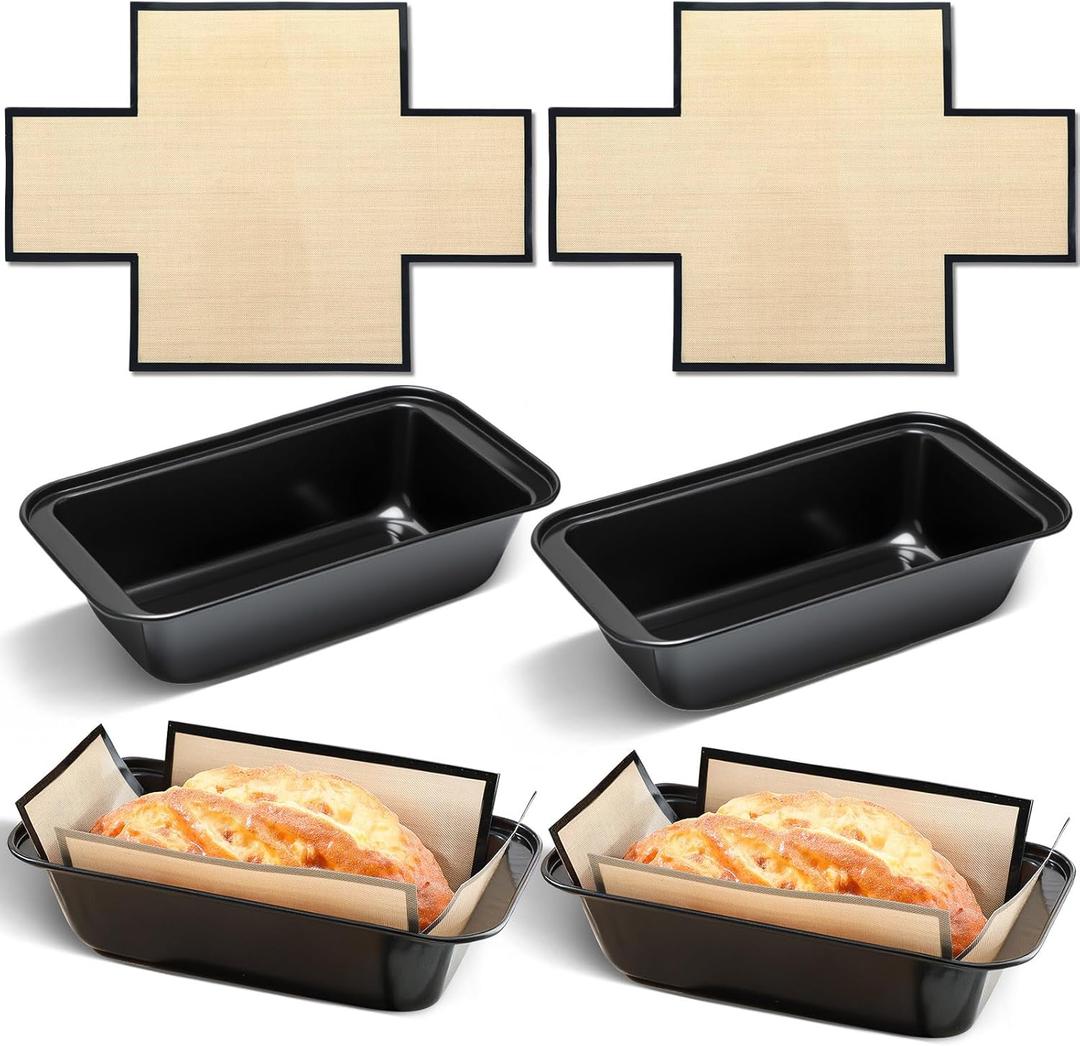 4 Pcs Loaf Pan with Liners Set 9 x 5 Inch Non-stick Bread Pan and Silicone Loaf Liners for Homemade Baking Carbon Steel Rectangular Baking Tray for Kitchen Sourdough Sandwich Home(Black)