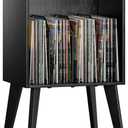 Gannyfer Record Player Stand  Minimalist Vinyl Record Storage Holds Up to 160 Albums, Mid-Century Record Holder Display Shelf with Wood Legs, Turntable Cabinet for Living Room, Bedroom (Black)