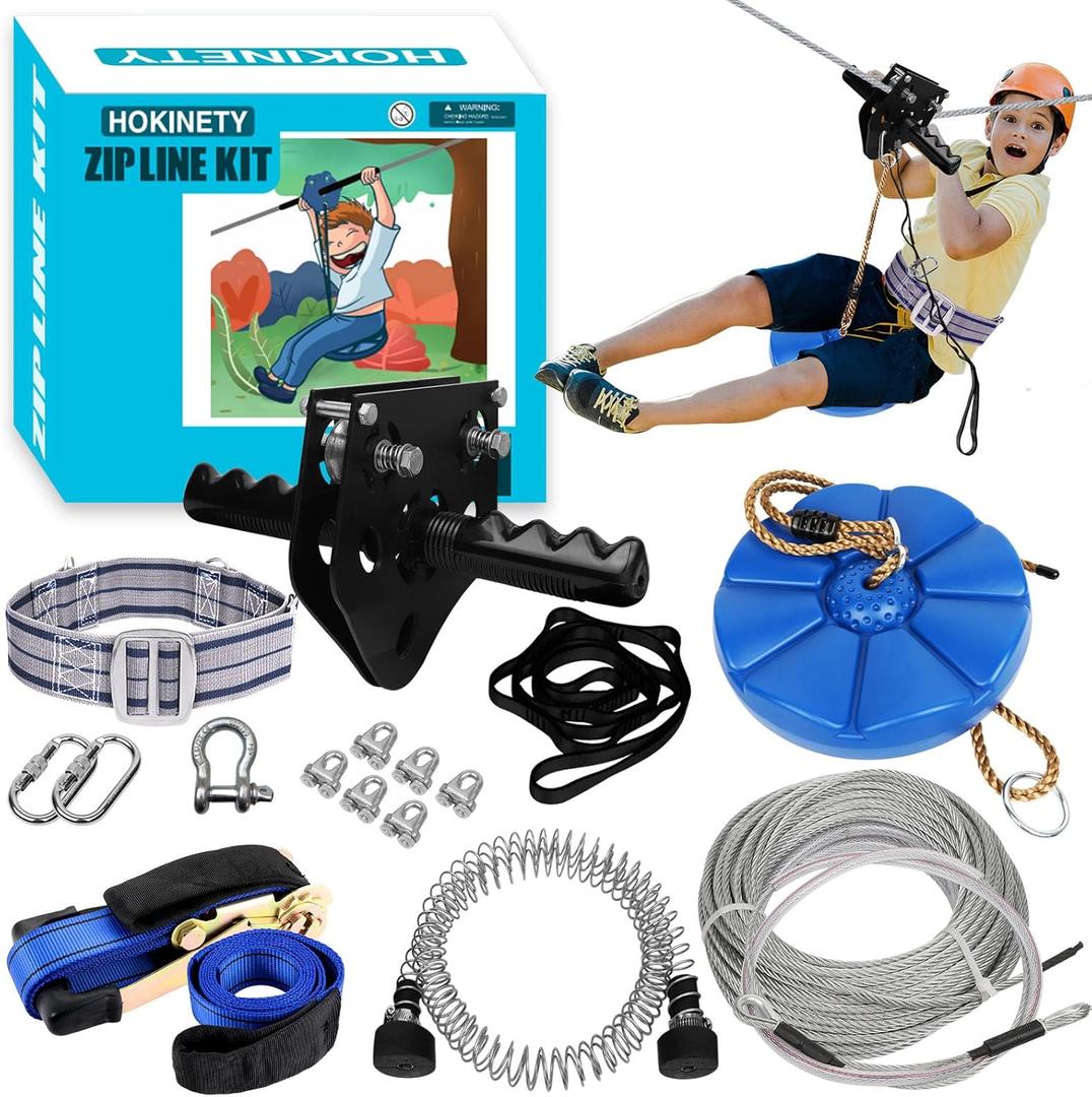 Zip Line Kit for Kids Adults : 100FT Up to 380Lbs - Quick Tighten Zipline for Backyard Outdoor with 100% Rust Proof Removable Trolley Seat Spring Brake