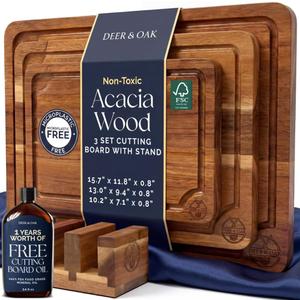 Pre-Oiled, Non Toxic 3-Piece Acacia Cutting Board Set with Stand, FSC Certified Wooden Chopping Boards, Includes 3.4 fl oz Chopping Board Oil, 3 Wood Carving Boards for Home, BBQ Kitchen, Deer & Oak