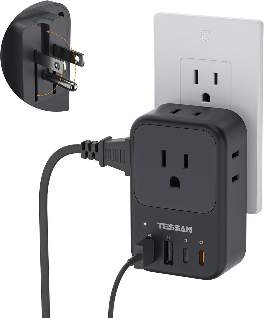 TESSAN USB C Charger Block 20W PD, Fast Charging Adapter with Foldable Plug, 1875W Power Outlet Extender(4 AC and 4 USB) for Cruise, Home, Office, Dorm Room Essentials, Black