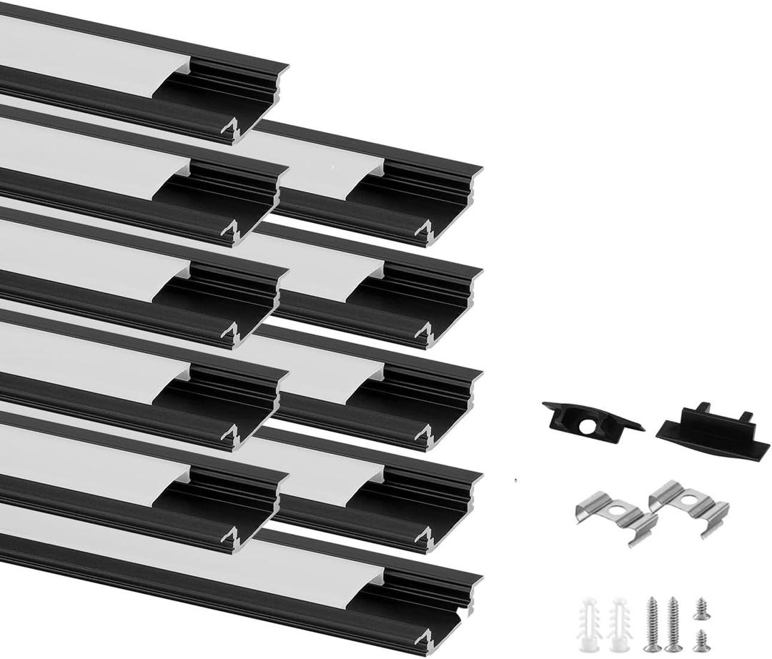 Besseto 10 Pack 3.3ft 1M Recessed LED Aluminum Channel Black,LED Strip Light Diffuser Aluminum Channel Profile Housing Track for 12mm Width Strip Light