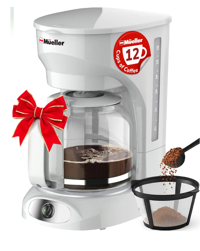 MUELLER HOME 12-Cup White Coffee Maker - Borosilicate Carafe, Auto-Off, Reusable Filter, Anti-Drip, Keep-Warm Function, Clear Water Level Window, White Kitchen Accessories