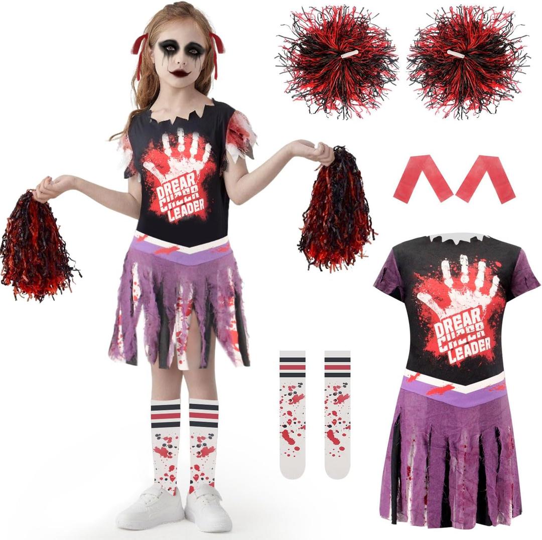 WooWee Girl Zombie Cheerleader Costume, Fearleader Scary Halloween Costumes for Kids, Dead Cheerleader Outfit for Role Play (Large: 12-14 Years, Purple Black)