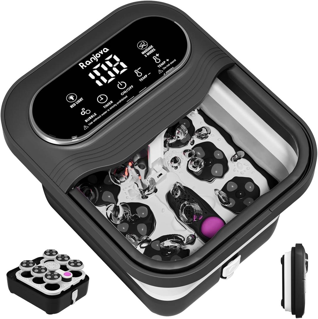 Collapsible Foot Spa Electric Rotary Massage, Foot Bath with Heat, Bubble,Temp Control, and 24 Motorized Shiatsu Massage Balls, Pedicure Foot Spa Tub for Stress Relief (Black)