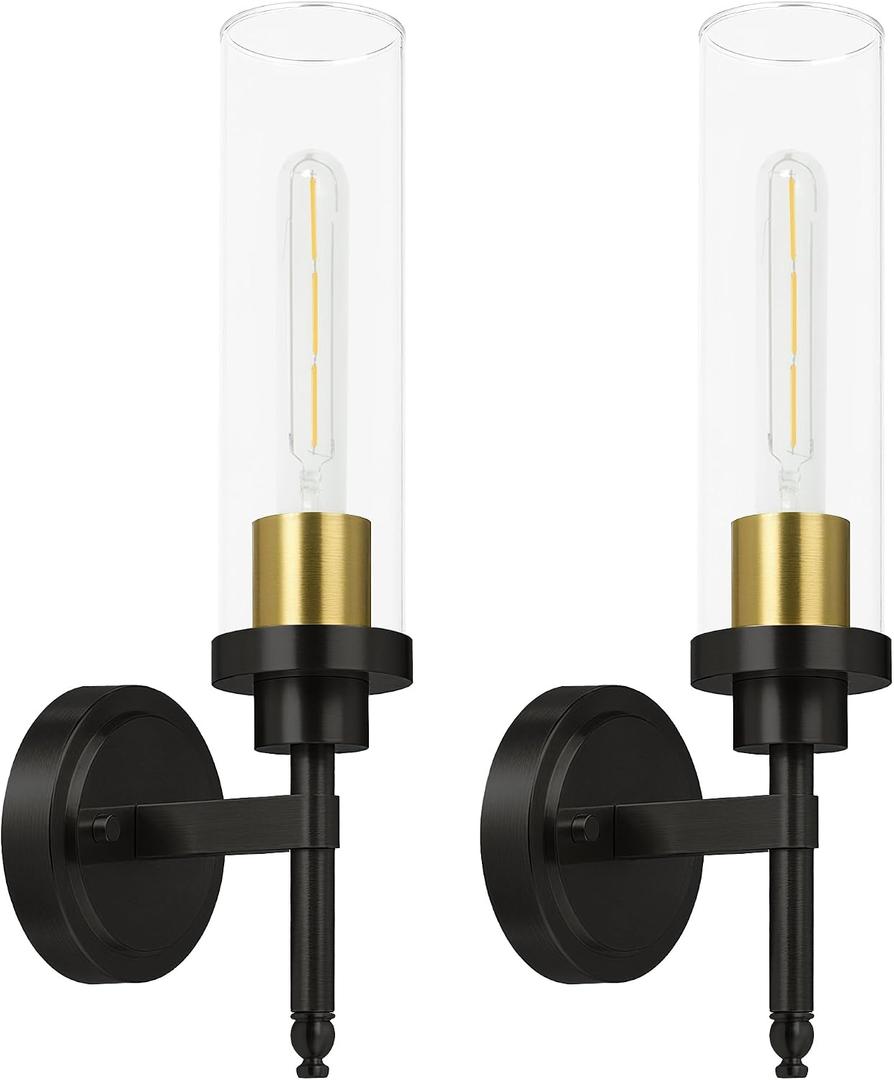 Wall Sconces Set of Two, Modern Bathroom Sconces with Clear Glass, Hardwired Sconces Wall Decor Set of 2, Wall Lights for Living Room Mirror Bedroom Hallway Kitchen (Gold and Black)