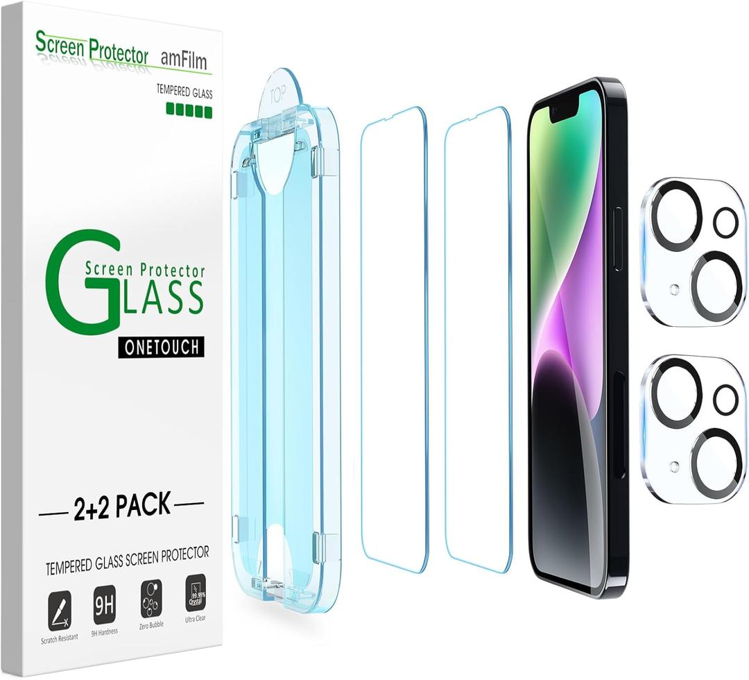 amFilm (2+2 PACK OneTouch Compatible with iPhone 14 Plus 6.7 Tempered Glass Screen Protector and Camera Lens Protector, Edge to Edge Full Coverage with Easy Installation Kit