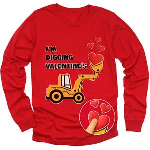 Tstars Kids Tractor and Digger Poppin Valentine's Day Shirt - Funny Heart Dab Long Sleeve Tee for Toddlers Boys and Girls (5/6T, Puff Digging / Red)