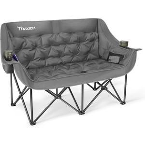 Trakiom Double Camping Chair, Oversized with Cup Holders, Grey