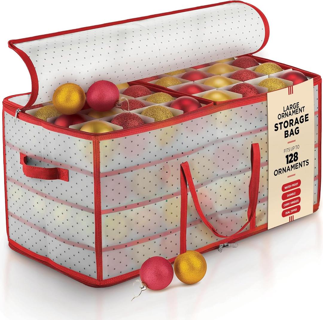 Plastic Large Christmas Ornament Storage Box with Adjustable Dividers, Organizer Holds 128 Large 3" Ornaments, Balls, Figurines Waterproof Holiday Decoration Container, Dual Zipper, Reinforced Handles (Frosted - Red)