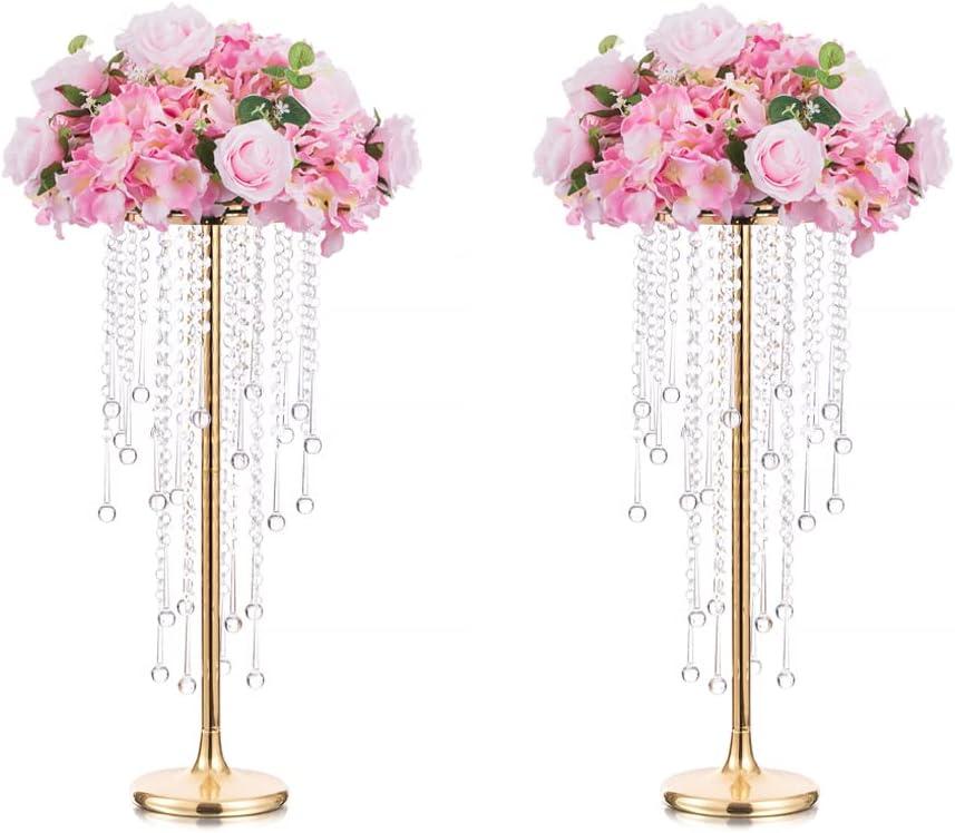 Tall Vases Wedding Centerpieces for Tables - 21.7" Gold Flower Vase with Chandelier Crystal, Centerpiece Table Decorations, Metal Flower Stand for Wedding, Reception, Party, Events, Home, 2 Pcs