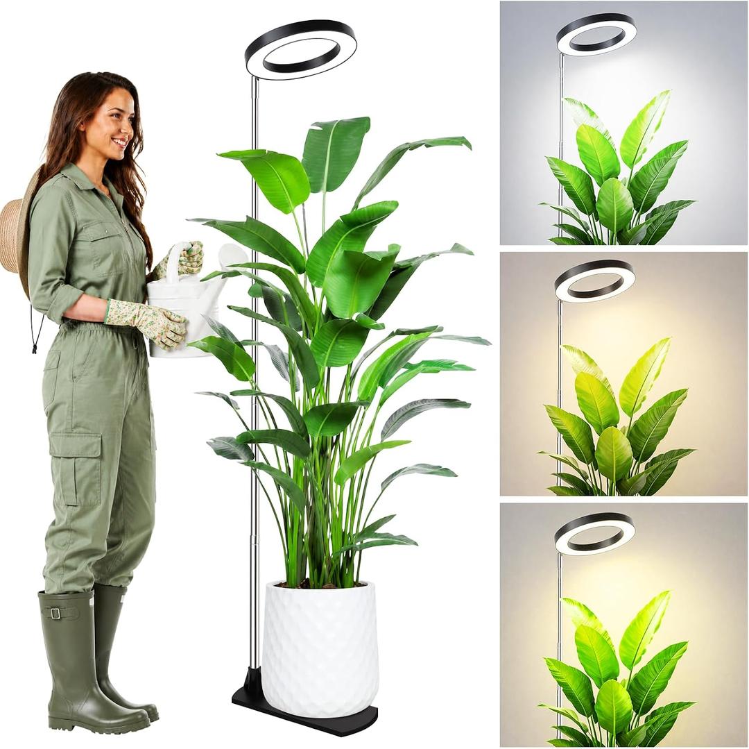LBW Grow Lights for Indoor Plants, 6.3" Full Spectrum Plant Light with Base, 59" Height Adjustable Grow Lamp, 6/8/12/16H Auto Timer, 3 Light Color, 5 Dimmable Level, for Tall Large Plant, Black,1 pack