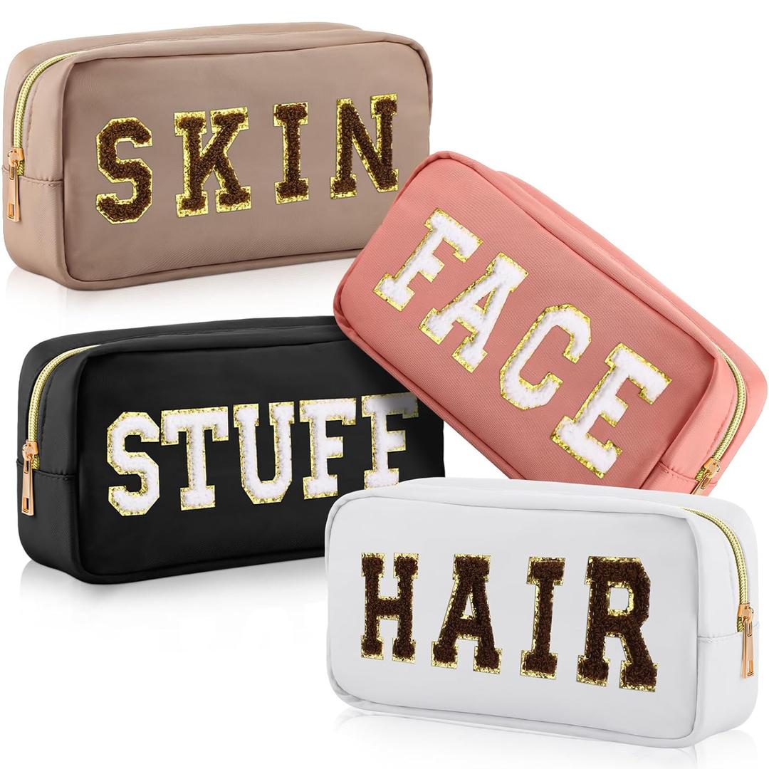 Remerry 4 PCS Nylon Cosmetic Bags Waterproof Spacious Travel Makeup Organizer for Women Chenille Letter Preppy Zipper Pouch Face Stuff Skin Hair Organizer Gift(Black, Nude Pink, White, Coffee)