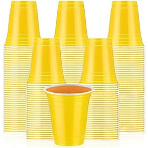 Sabary 100 Pack 12oz Plastic Cups Graduation Heavy Duty Drinking Disposable Cups with Lines for Beverage Holiday Camping Barbecues Birthday Party Outdoor Picnic(Yellow and White)