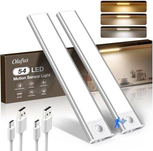 Olafus Under Cabinet Lighting, Motion Sensor 54 LED Under Cabinet Lights, 1500mAh USB Rechargeable Battery Operated Closet Lights, Dimmable& 3 Color Temperature, Stick On Magnetic for Kitchen set of 2
