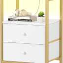 BOLUO White and Gold Nightstand with Charging Station, LED Night Stand with 2 Fabric Drawers, Bedside Table with USB Ports and Outlets, Nightstand for Bedroom Modern, 11.8"D x 15.7"W x 23.6"H(2 drawers)