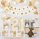 21 Birthday Decorations for Her - 66pcs Balloons Birthday Banner Decorations Kit for Women with Number 21 Foil Balloon, White Gold Balloons & Butterfly Decals